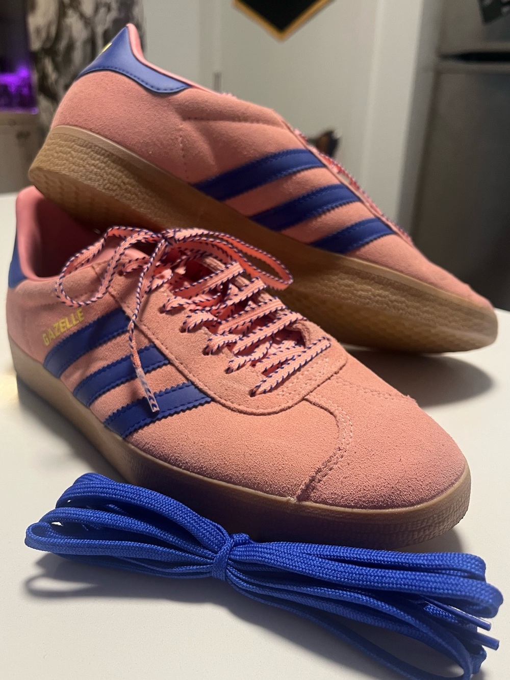 NWOT Adidas Gazelle Pink & Blue Suede Sneakers, size 9.5